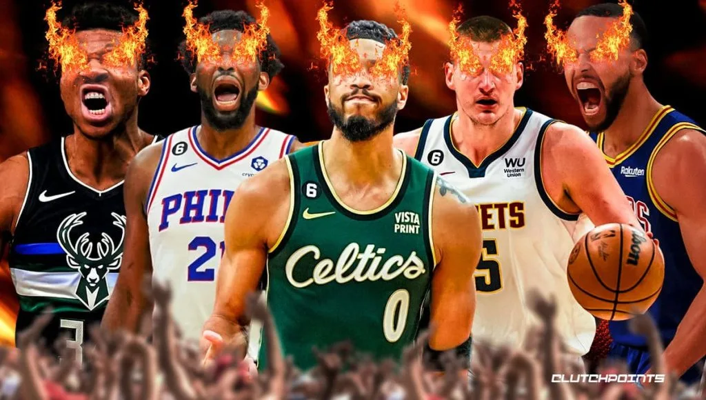 Basketball players in a playoff illustration